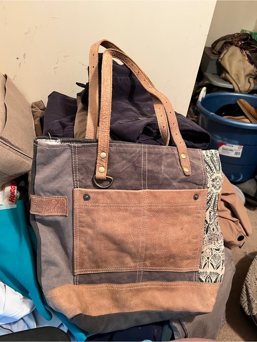 Myra Bag Canvas Tote in Brown and Gray with Patterned Accent